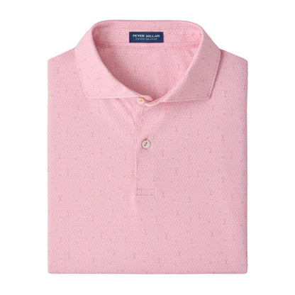 Experience the versatility of the Peter Millar Fifty-Fifty Performance Jersey Polo—a light pink short-sleeve shirt with a pointed collar and two-button placket, featuring a subtle textured pattern and crafted from four-way stretch fabric for exceptional comfort. Perfect for those who value modern design in their polos.