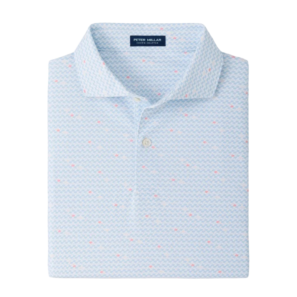 Light blue patterned Gingko Performance Jersey Polo by Peter Millar, featuring short sleeves, exceptionally comfortable jersey fabric, neatly folded with a visible Peter Millar label and two-button placket.