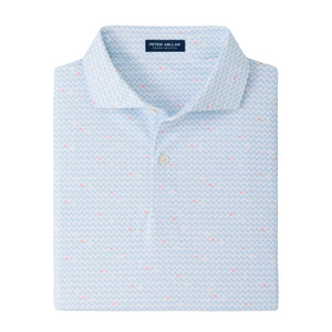 Light blue patterned Gingko Performance Jersey Polo by Peter Millar, featuring short sleeves, exceptionally comfortable jersey fabric, neatly folded with a visible Peter Millar label and two-button placket.