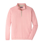 The Peter Millar Albatross Cotton-Blend Pique Quarter-Zip is a light pink, lightweight pullover featuring a standing collar and long sleeves, crafted from textured piqué fabric and shown against a plain white background.