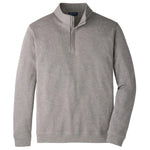 The Peter Millar Grant Knit Quarter-Zip is a light gray pullover sweater, expertly crafted from a luxurious cotton-cashmere blend. It features a stand-up collar, long sleeves, and ribbed cuffs and hem, shown against a white background.