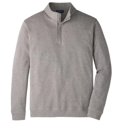 The Peter Millar Grant Knit Quarter-Zip is a light gray pullover sweater, expertly crafted from a luxurious cotton-cashmere blend. It features a stand-up collar, long sleeves, and ribbed cuffs and hem, shown against a white background.