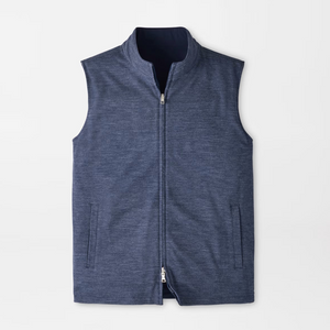 Blue water-resistant Peter Millar Ryder Reversible Vest with a sleeveless zip-up design, a high collar, and two side pockets.