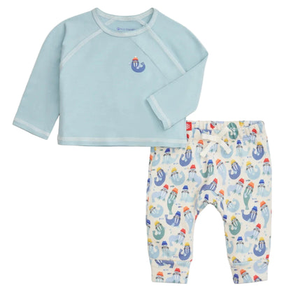 The Magnetic Me Baby Boys' Captain Wally Magnetic Top & Pant Set features a light blue long-sleeve walrus shirt and white multicolored walrus print pants with a drawstring waist, made from eco-friendly modal for comfort and easy diaper changes.
