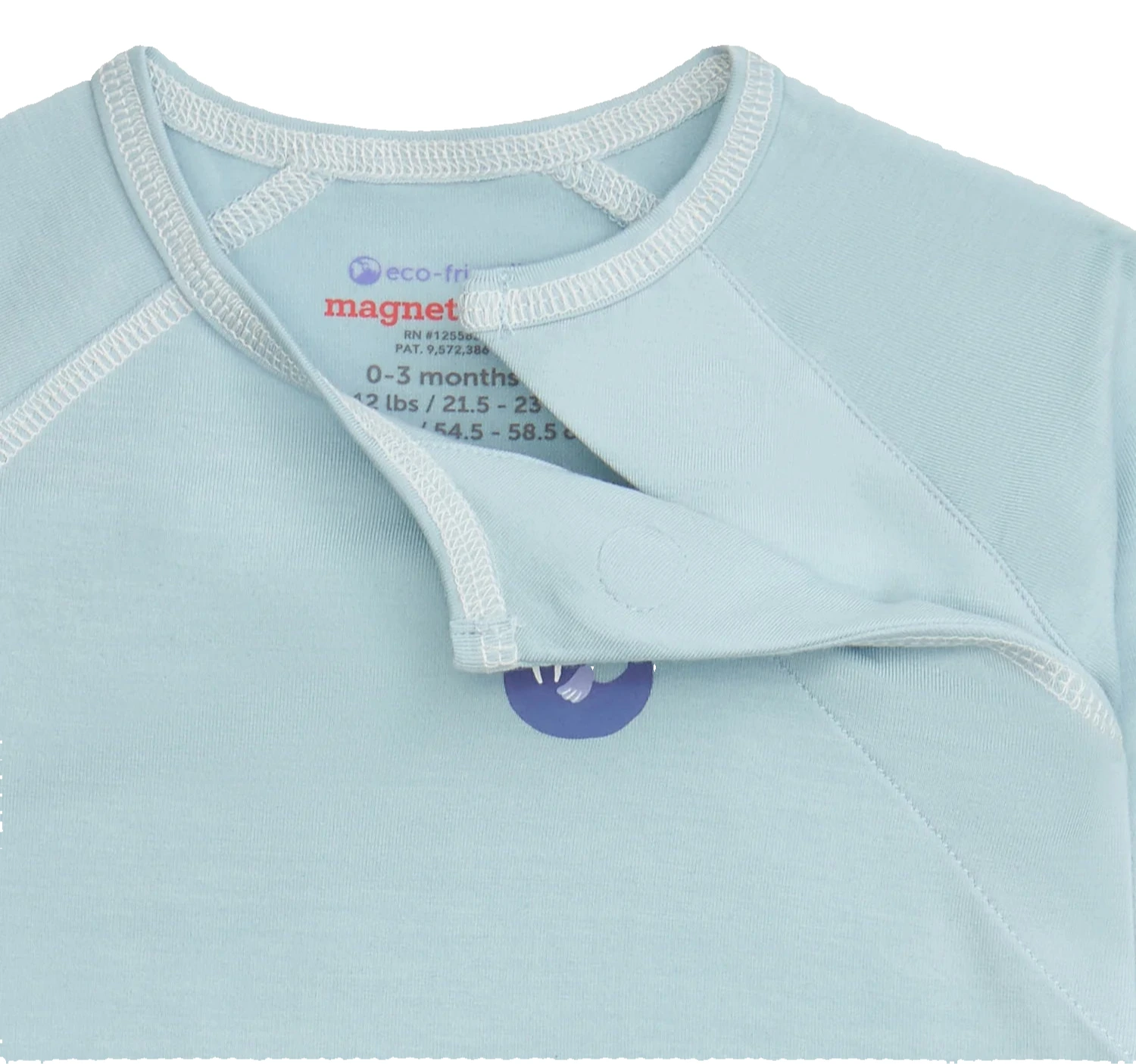The Baby Boys' Captain Wally Magnetic Top & Pant Set by Magnetic Me features eco-friendly modal fabric, magnetic closure near the neckline for easy changes, and an inside collar label with 0-3 months size and sustainable material info.