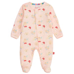 The Magnetic Me Baby Girls' Bake My Day Modal Footie is a pink sleeper with long sleeves, covered feet, magnetic closures, and a cute print of smiling bear faces and red hearts for easy and adorable wear.