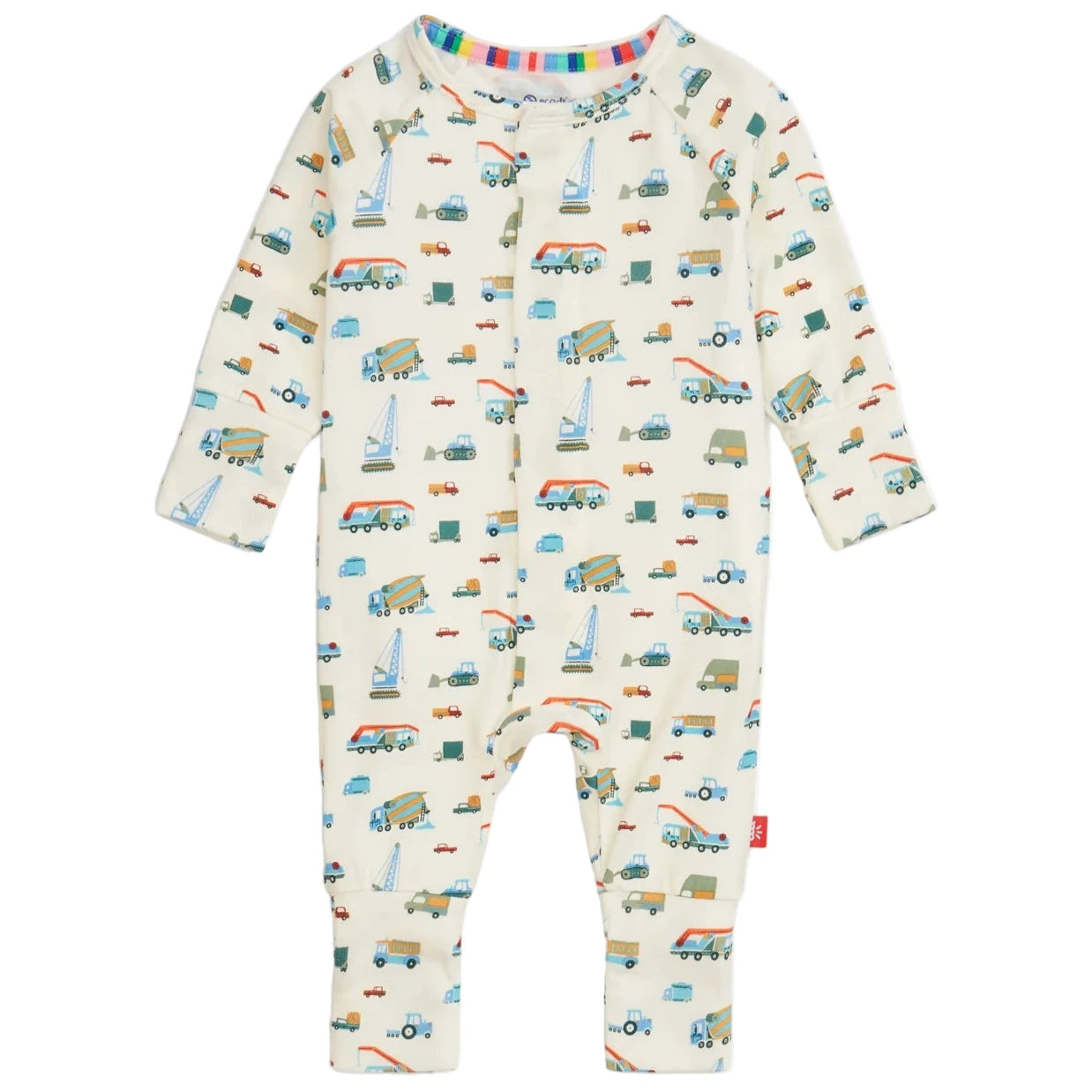 The Magnetic Me Baby Boys' Dumps Like a Truck Modal Convertible Coverall features colorful trucks and cars on a white background with long sleeves.