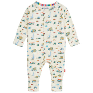 The Magnetic Me Baby Boys' Dumps Like a Truck Modal Convertible Coverall features colorful trucks and cars on a white background with long sleeves.