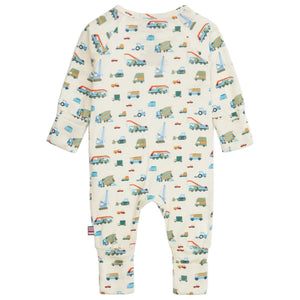 The Magnetic Me Baby Boys' Dumps Like a Truck Modal Convertible Coverall features long sleeves and legs, colorful truck prints, and is made from soft modal fabric for comfort and versatility.