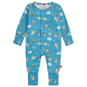 The Magnetic Me Baby Boys' Good Knight Modal Convertible Coverall is a blue, soft modal onesie with long sleeves and a colorful castles, horses, trees, clouds, and moons pattern.