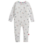 The Magnetic Me Boys' Love You a Bot Modal Convertible Coverall features long sleeves and legs, soft modal fabric, playful robot and toy prints, a rainbow-striped neckline, and magnetic closures for easy changing.
