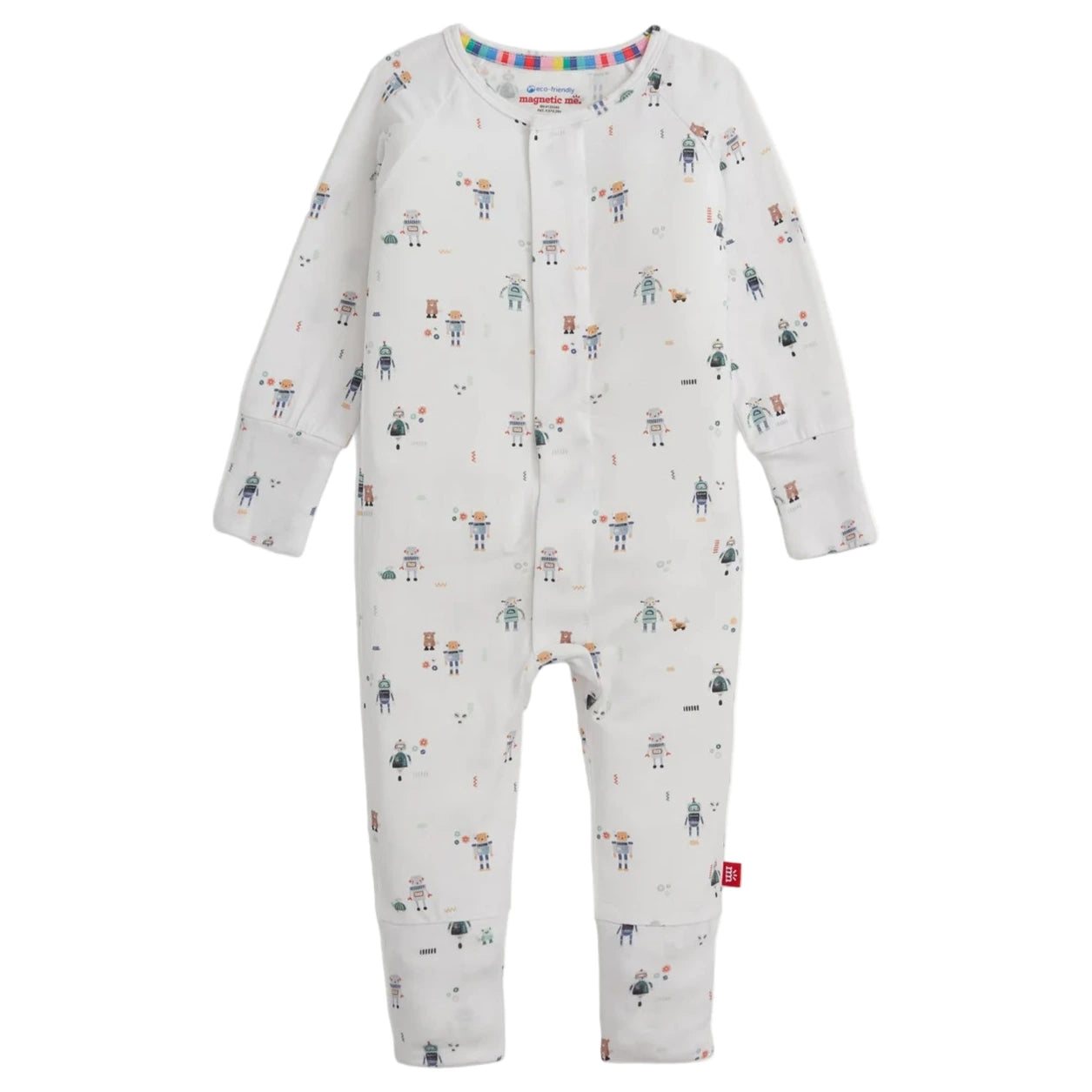 The Magnetic Me Boys' Love You a Bot Modal Convertible Coverall features long sleeves and legs, soft modal fabric, playful robot and toy prints, a rainbow-striped neckline, and magnetic closures for easy changing.