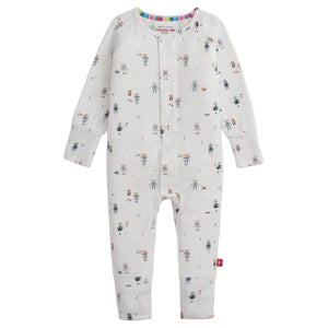 The Magnetic Me Boys' Love You a Bot Modal Convertible Coverall features long sleeves and legs, soft modal fabric, playful robot and toy prints, a rainbow-striped neckline, and magnetic closures for easy changing.
