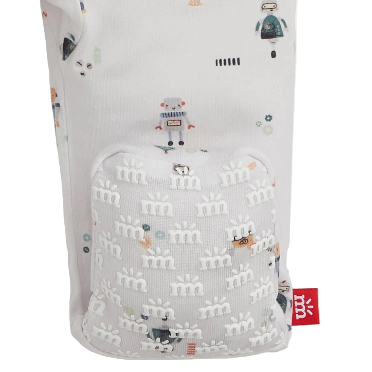 A close-up of Magnetic Me’s Boys' Love You a Bot Modal Convertible Coverall, featuring a robot and gears print, pocket, magnetic closures, and a small red side tag.