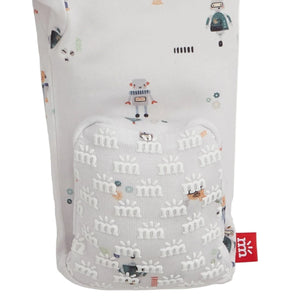 A close-up of Magnetic Me’s Boys' Love You a Bot Modal Convertible Coverall, featuring a robot and gears print, pocket, magnetic closures, and a small red side tag.