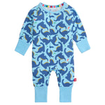 The Magnetic Me Baby Boys' Necks Generation Modal Convertible Coverall features long sleeves, cuffs, and a blue dinosaur pattern with yellow accents. Made from ultra-soft modal fabric for comfort.