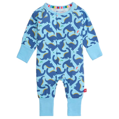 The Magnetic Me Baby Boys' Necks Generation Modal Convertible Coverall features long sleeves, cuffs, and a blue dinosaur pattern with yellow accents. Made from ultra-soft modal fabric for comfort.