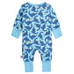 The Magnetic Me Baby Boys' Necks Generation Modal Convertible Coverall is a blue long-sleeve onesie with cuffs, decorated with dark blue dinosaurs and colorful triangles, made from soft modal fabric for comfort.