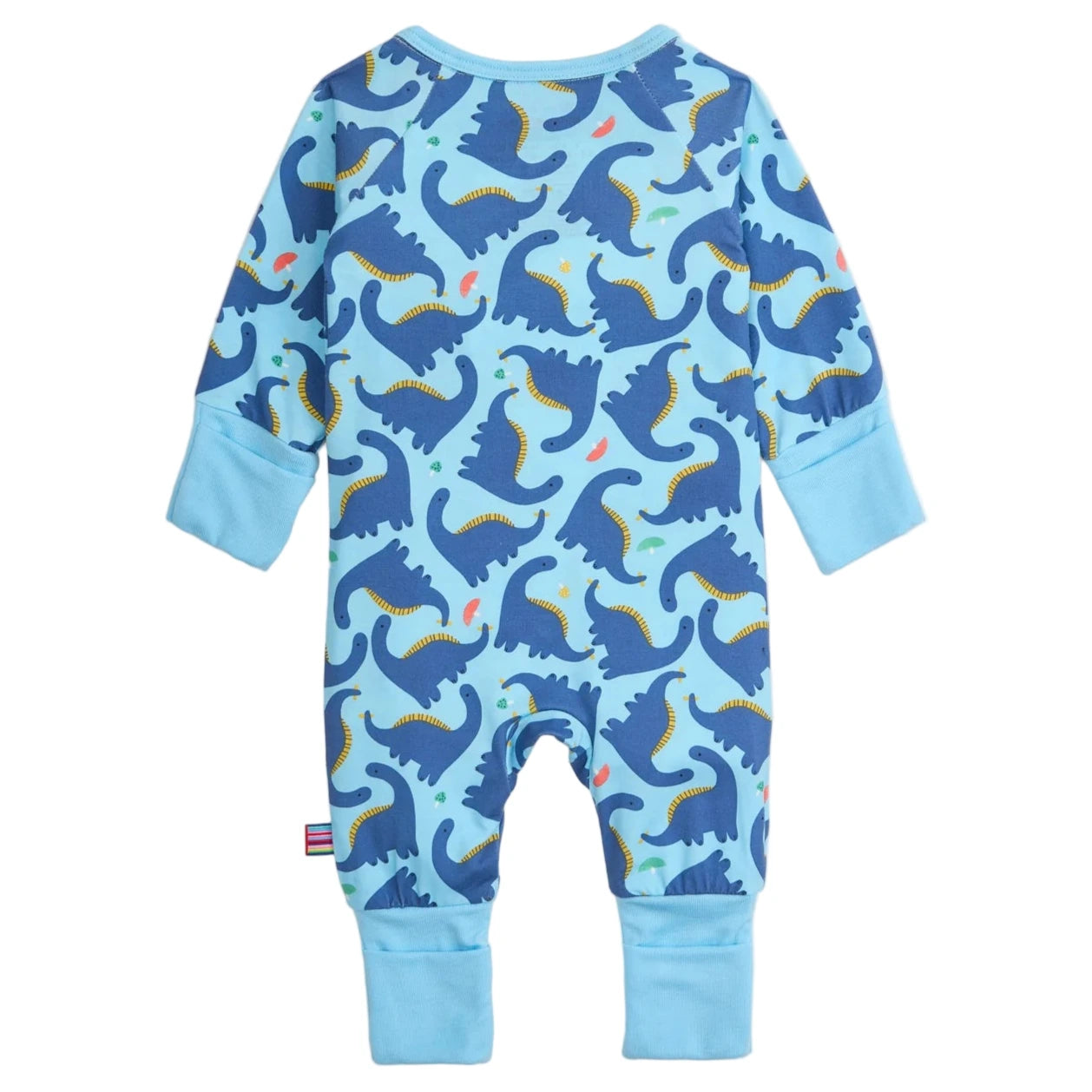 The Magnetic Me Baby Boys' Necks Generation Modal Convertible Coverall is a blue long-sleeve onesie with cuffs, decorated with dark blue dinosaurs and colorful triangles, made from soft modal fabric for comfort.