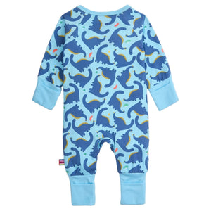 The Magnetic Me Baby Boys' Necks Generation Modal Convertible Coverall is a blue long-sleeve onesie with cuffs, decorated with dark blue dinosaurs and colorful triangles, made from soft modal fabric for comfort.