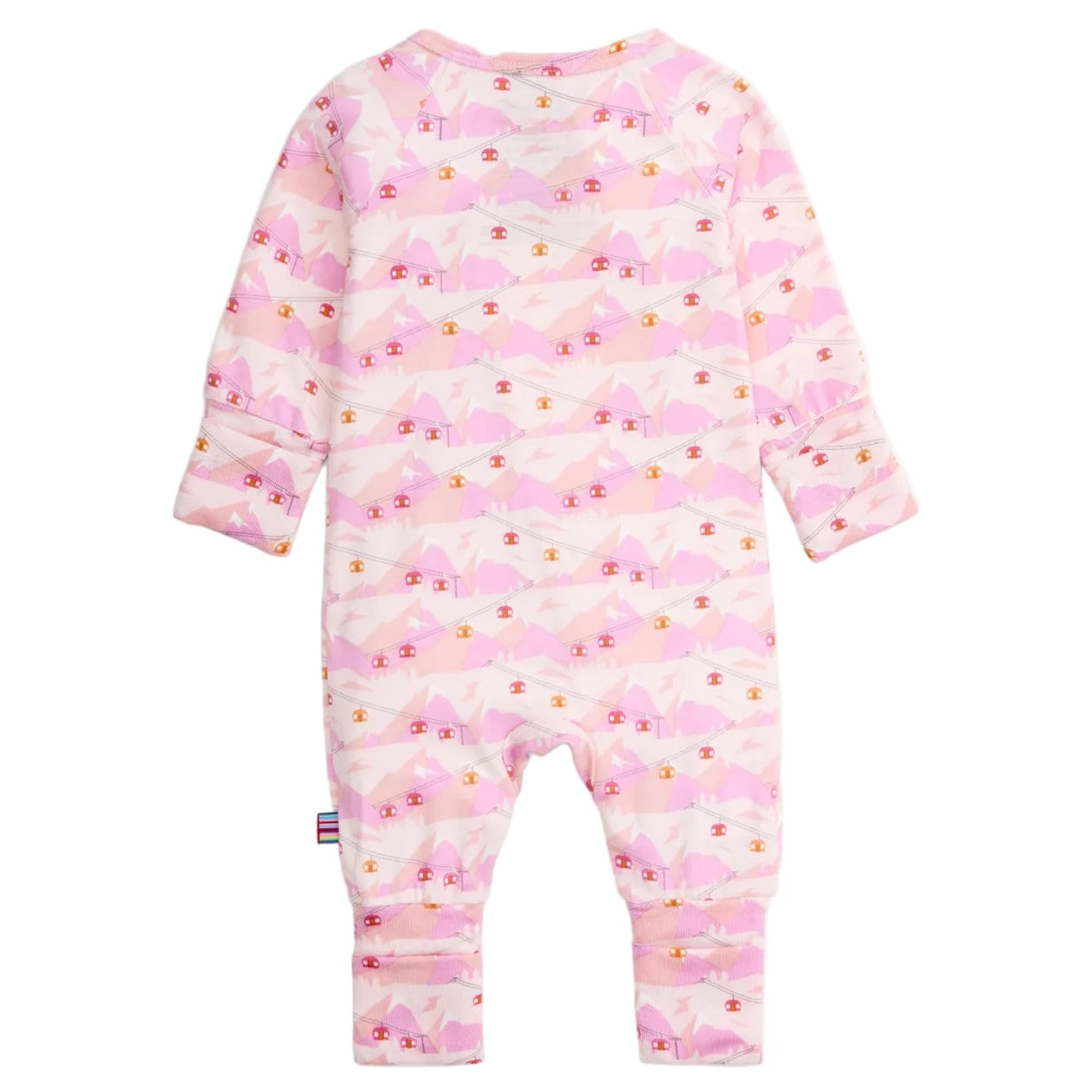 The Magnetic Me Baby Apres Chic Modal Convertible Coverall is a pink, long-sleeve infant onesie with white unicorns and flowers, crafted from sustainable modal fabric and shown flat with the back facing up.