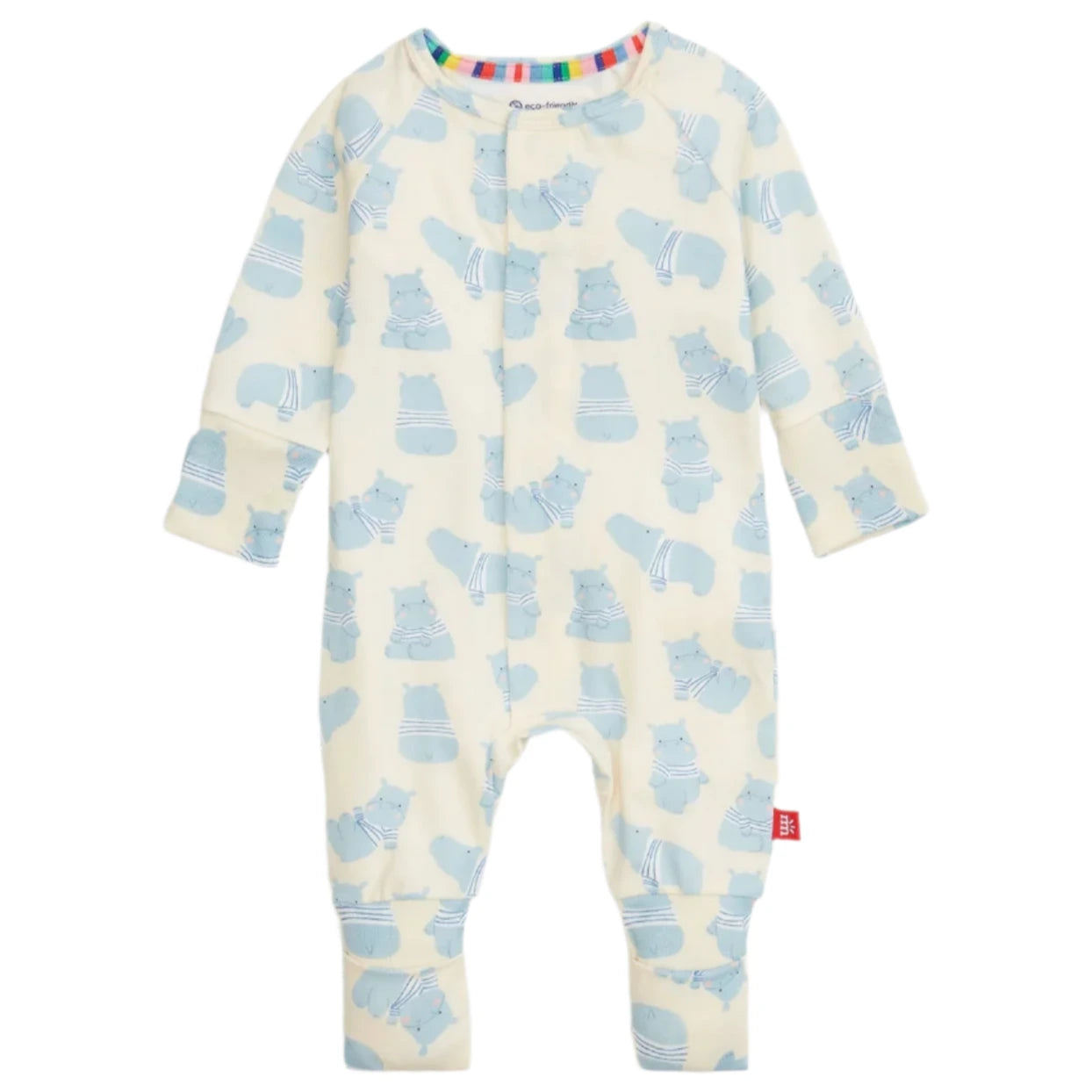 The Magnetic Me Baby Boys' Pudgemuffin Modal Convertible Coverall features a blue hippo print on soft modal fabric, with front snap closure and rainbow-striped trim inside the collar.