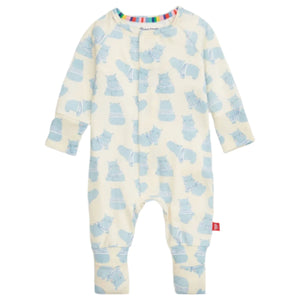 The Magnetic Me Baby Boys' Pudgemuffin Modal Convertible Coverall features a blue hippo print on soft modal fabric, with front snap closure and rainbow-striped trim inside the collar.