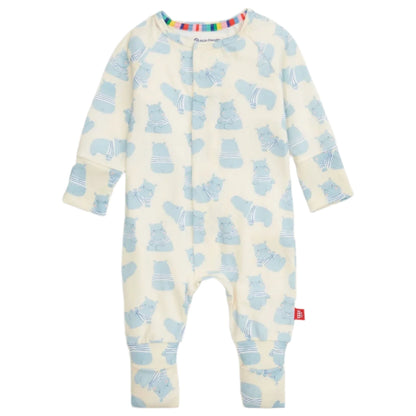 The Magnetic Me Baby Boys' Pudgemuffin Modal Convertible Coverall features a blue hippo print on soft modal fabric, with front snap closure and rainbow-striped trim inside the collar.