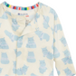 The Magnetic Me Baby Boys' Pudgemuffin Modal Convertible Coverall features a cream base with blue hippo prints—some in striped shirts—and a rainbow-striped neckline accent.