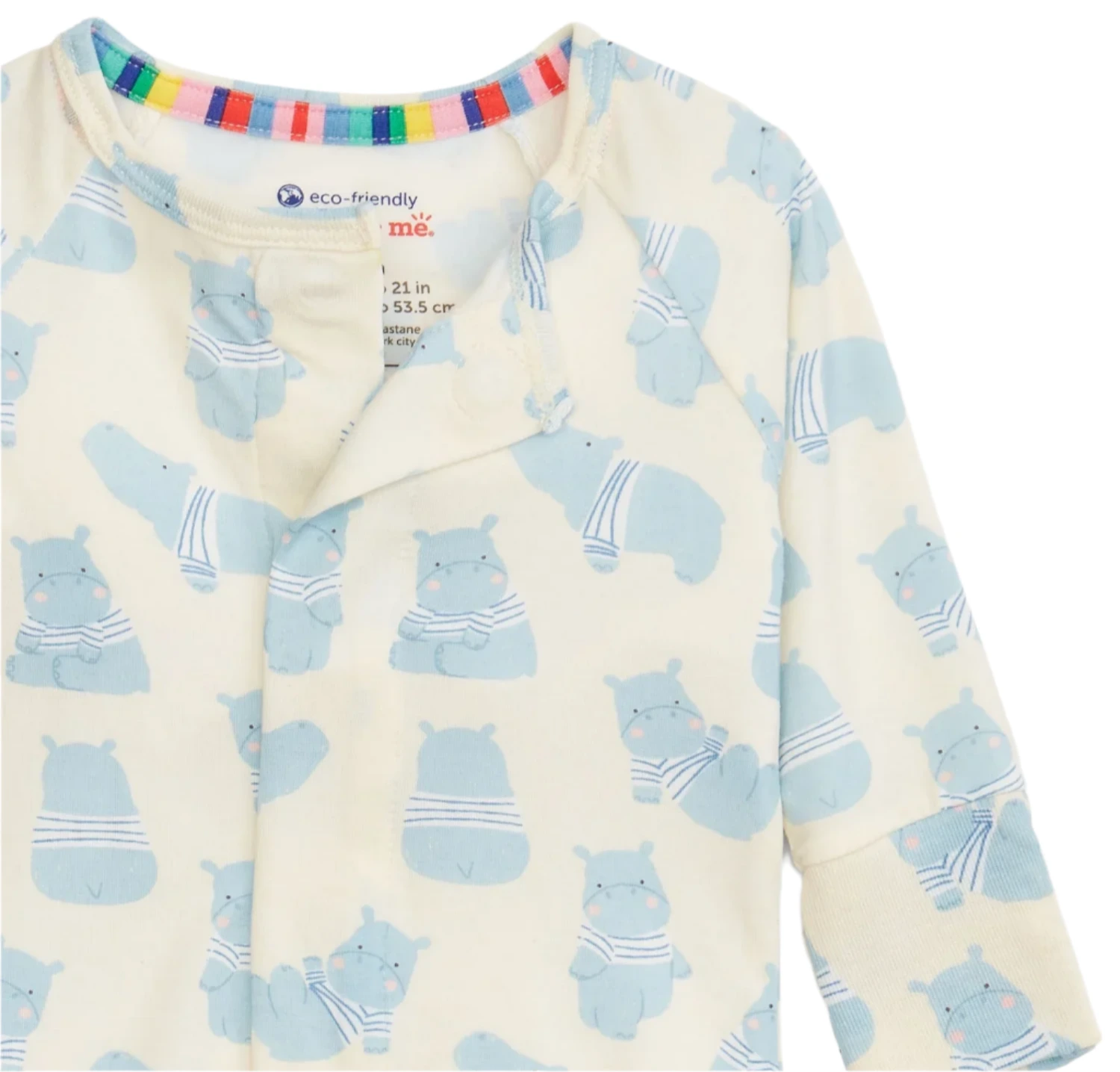 The Magnetic Me Baby Boys' Pudgemuffin Modal Convertible Coverall features a cream base with blue hippo prints—some in striped shirts—and a rainbow-striped neckline accent.