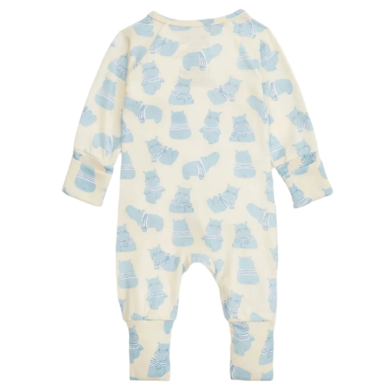 The Magnetic Me Baby Boys' Pudgemuffin Modal Convertible Coverall features long sleeves, a light cream background, and a blue hippo print pattern, shown from the back.