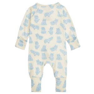 The Magnetic Me Baby Boys' Pudgemuffin Modal Convertible Coverall features long sleeves, a light cream background, and a blue hippo print pattern, shown from the back.