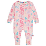 The Magnetic Me Baby Party Animals Glow in the Dark Modal Convertible Coverall features long sleeves, colorful animal and heart prints, a front zipper, rainbow collar lining, and is crafted from soft sustainable modal fabric for comfort.