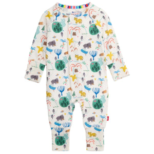 The Magnetic Me Baby Boys' Wooly Big Deal Modal Convertible Coverall features a vibrant safari animal and plant print with tigers, rhinos, trees, and abstract shapes on a white background.