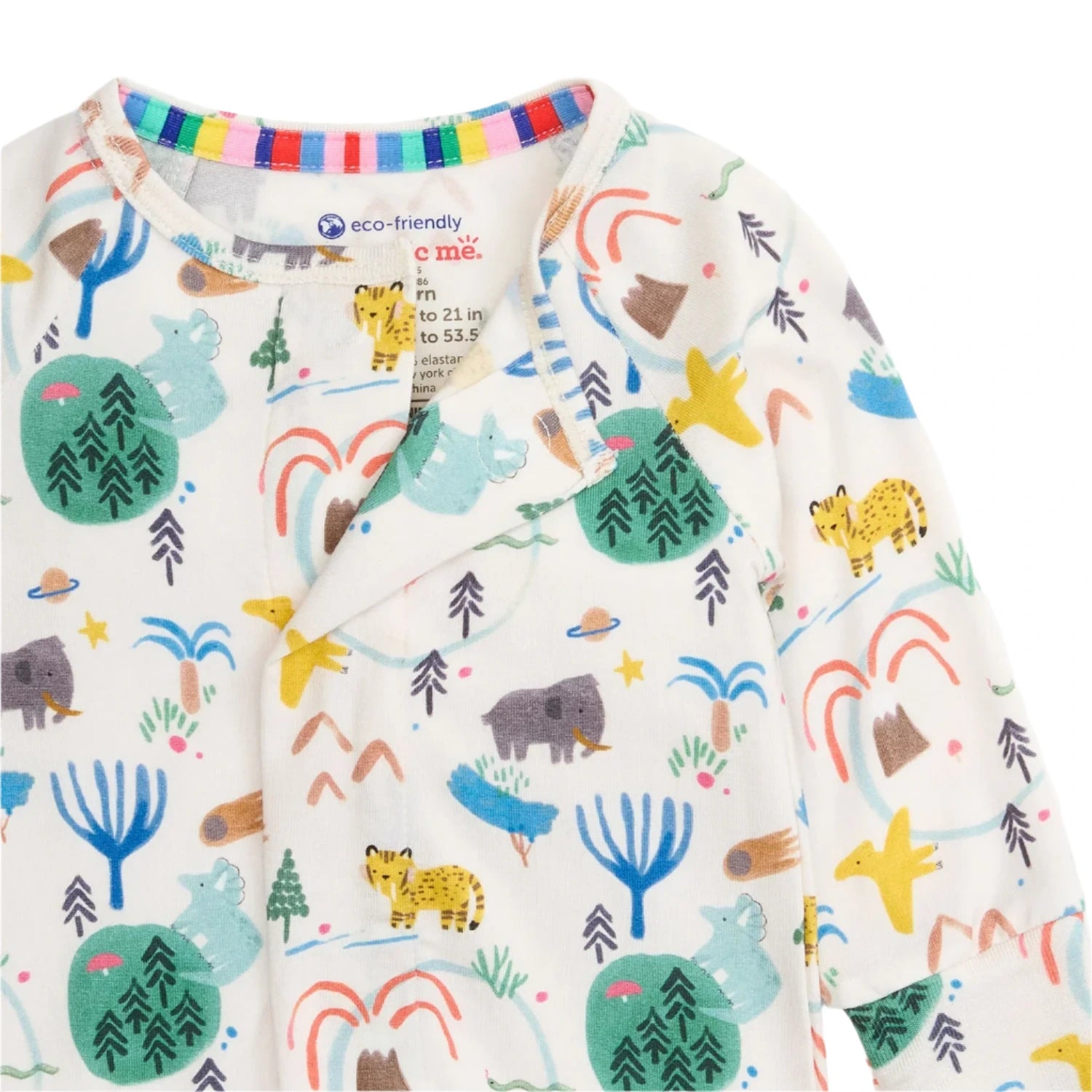 The Magnetic Me Baby Boys' Wooly Big Deal Modal Convertible Coverall features soft modal fabric and a multicolored nature and animal print on white, with magnetic closures for quick changes.
