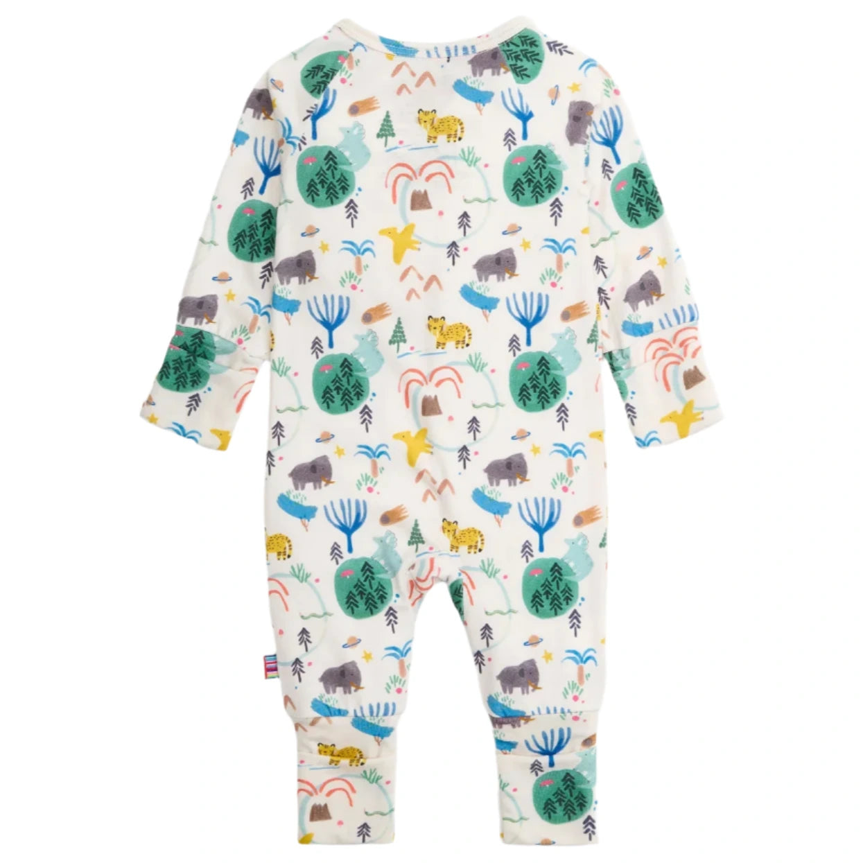 The Magnetic Me Baby Boys' Wooly Big Deal Modal Convertible Coverall features a soft modal fabric and colorful animal and nature print with tigers, trees, and plants on white, offering comfort and versatility for little ones.