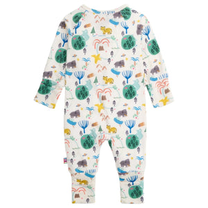 The Magnetic Me Baby Boys' Wooly Big Deal Modal Convertible Coverall features a soft modal fabric and colorful animal and nature print with tigers, trees, and plants on white, offering comfort and versatility for little ones.