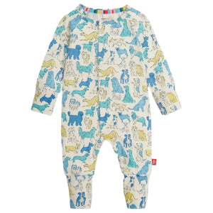 The Magnetic Me Baby' It's a Paw-ty Convertible Coverall is a long-sleeved, flame-resistant baby onesie with a colorful animal print in blue, green, and yellow on white and features a striped neckline.