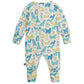 The Magnetic Me Baby' It's a Paw-ty Convertible Coverall is a long-sleeve onesie with playful animal prints in blue, green, and yellow on white, designed for versatile wear.