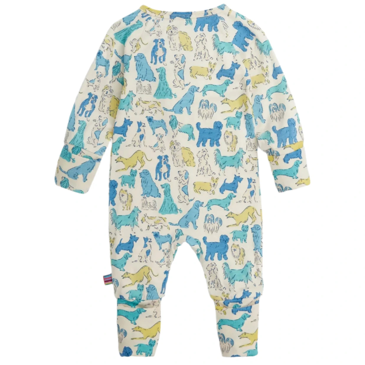 The Magnetic Me Baby' It's a Paw-ty Convertible Coverall is a long-sleeve onesie with playful animal prints in blue, green, and yellow on white, designed for versatile wear.