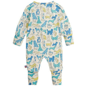 The Magnetic Me Baby' It's a Paw-ty Convertible Coverall is a long-sleeve onesie with playful animal prints in blue, green, and yellow on white, designed for versatile wear.