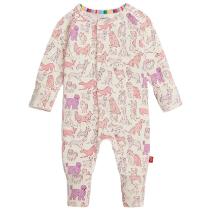 The Baby' It's a Paw-ty Convertible Coverall by Magnetic Me features pink and purple dog prints on cream, a multi-colored striped neckline, and magnetic closures for quick changes.
