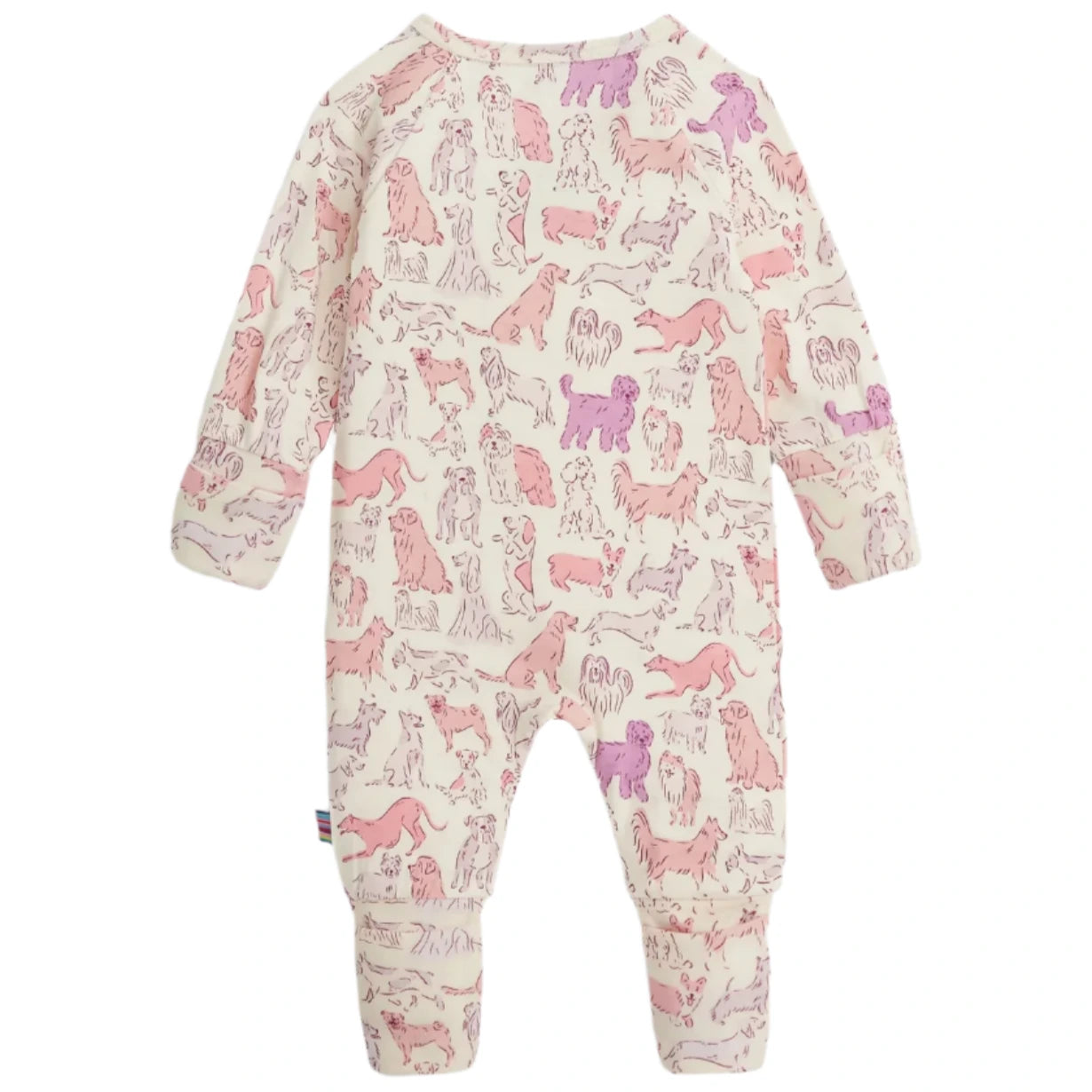 The Magnetic Me Baby' It's a Paw-ty Convertible Coverall is a long-sleeve romper with a pink and purple dog print, wrist and ankle cuffs, and magnetic closures for easy dressing.