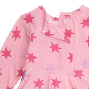 The Magnetic Me Baby Girls' and Girls' Cosmic Confetti Dress & Legging Set features a long-sleeve pink organic cotton dress with bright pink and purple star patterns, a buttoned neckline, gathered waist, and is GOTS-certified.