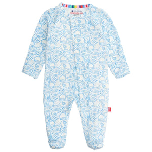 The Magnetic Me Baby' Heards of Feather Modal Footie is a long-sleeve, footed sleeper in sustainable modal with a blue abstract print and rainbow-striped neckline, shown laid flat on a white background.