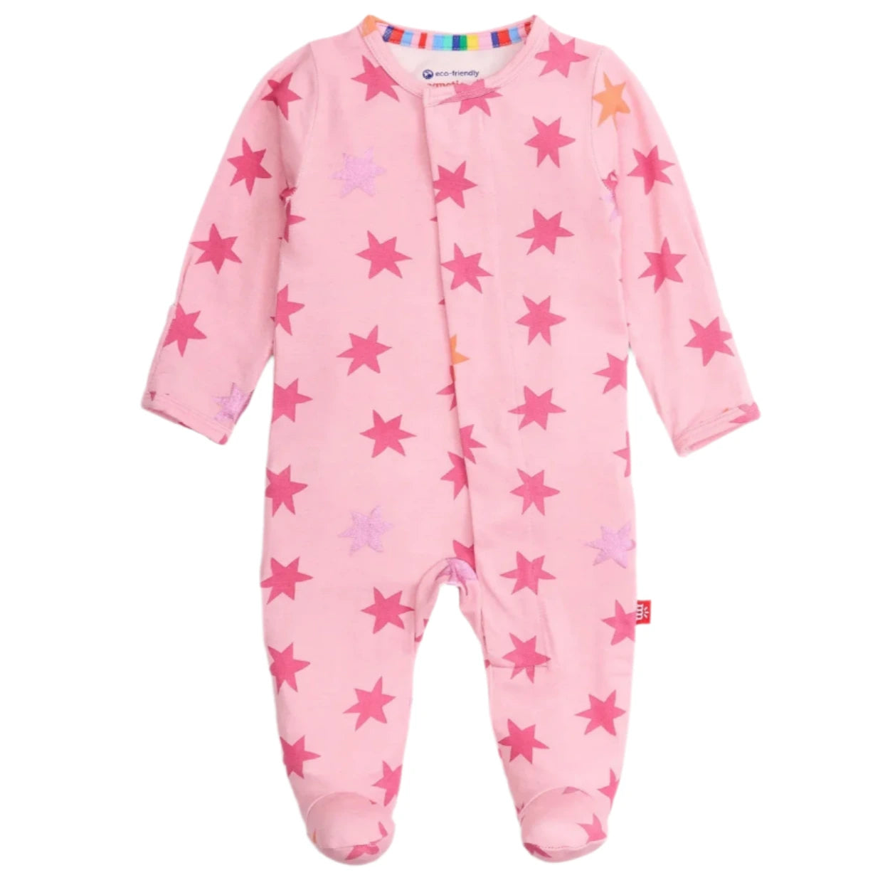The Magnetic Me Baby Girls' Cosmic Confetti with Foil Modal Footie is a pink long-sleeve onesie with covered feet, red and purple star pattern, and magnetic closures for quick changes.