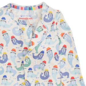The Captain Wally Modal Footie by Magnetic Me features a playful walrus-in-hats pattern and a visible brand label, making it a cozy, easy-dress option that pairs perfectly with matching Magnetic Me separates.