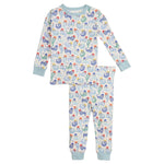 The Magnetic Me Baby Boys' and Boys' Captain Wally Modal PJ Set features long sleeves, a colorful animal print, and light blue trim on cuffs, collar, and ankles for easy dressing.