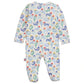 The Magnetic Me Captain Wally Modal Footie is a long-sleeved baby onesie featuring a colorful sloth print on a light background, displayed from the back.