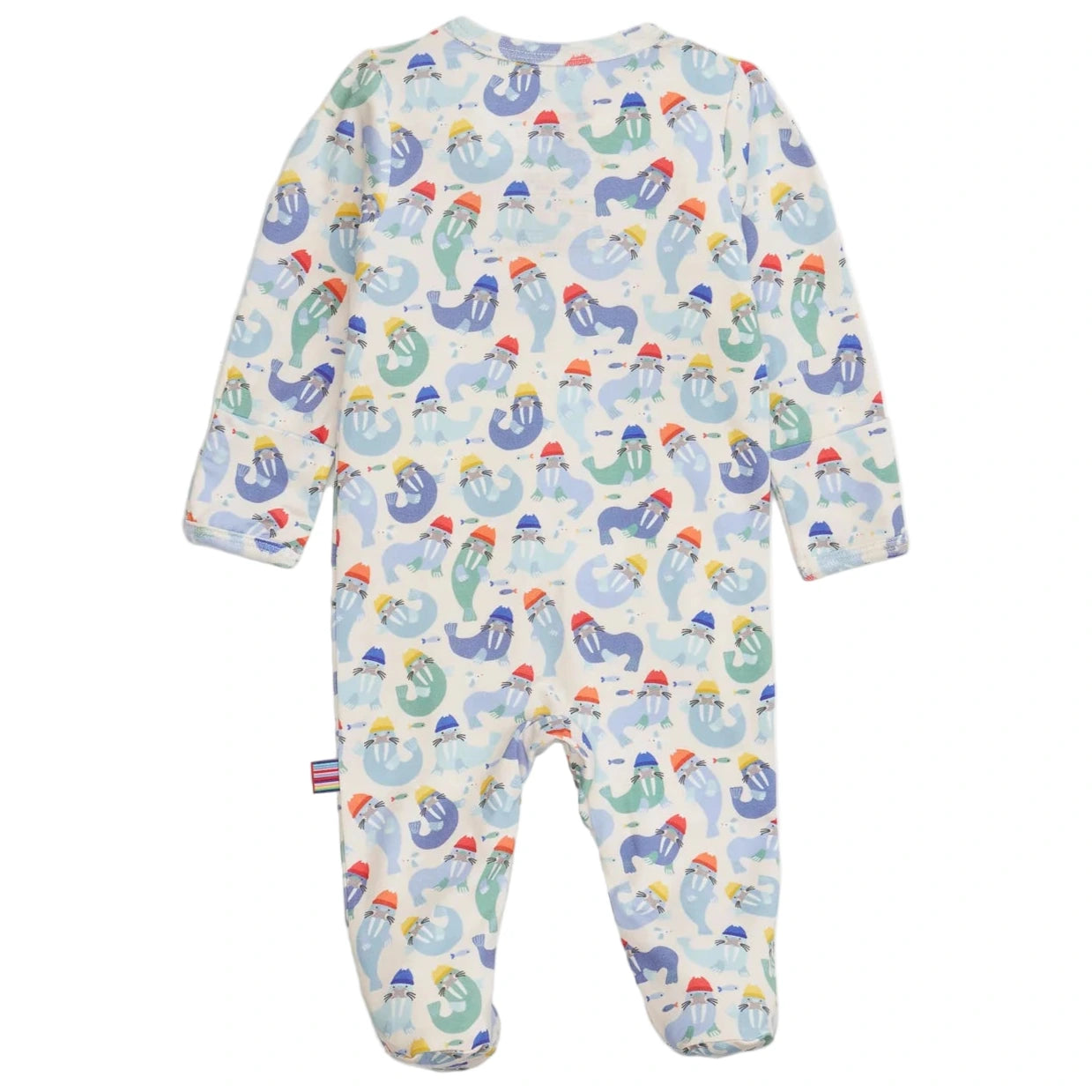 The Magnetic Me Captain Wally Modal Footie is a long-sleeved baby onesie featuring a colorful sloth print on a light background, displayed from the back.